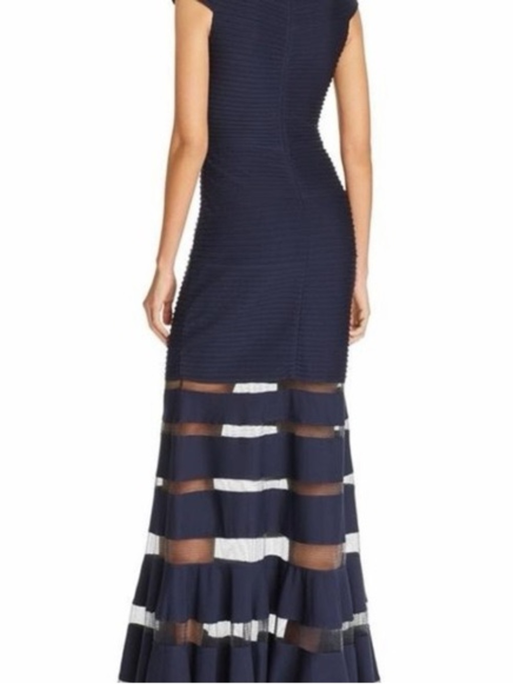 Tadashi Shoji Navy and Sheer-Striped Maxi Dress, XS